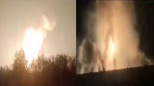 天津东丽区军粮城一仓库爆炸起火。(图片来源:视频截图)