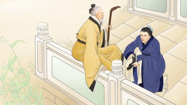 张良纳履,圯桥授书。(绘图:Winnie Wang/看中国)