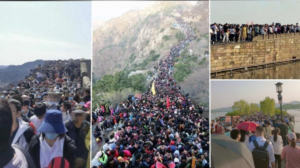 从左至右:五一假期长城八达岭、泰山、西湖看人热潮!(图源:网络图片合成)