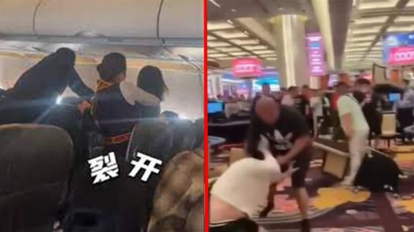 五一假期大陆游客从天上打到地上,两游客在万米高空掐架(左);8人在澳门赌场打群架(图源:视频截图)