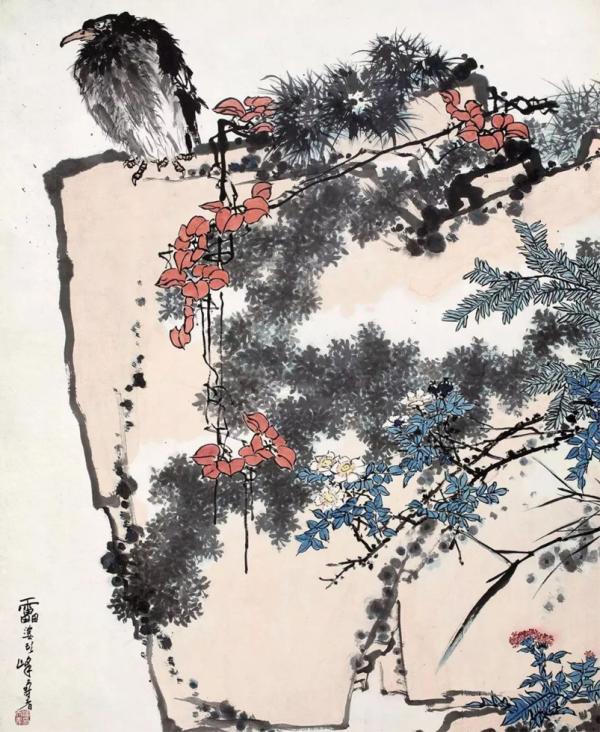 《鹰石山花图》上半部。该画曾于2005年拍卖,成交价格为1171.5万; 2015年再次拍卖,成交价格为2亿7945万元。(公有领域)