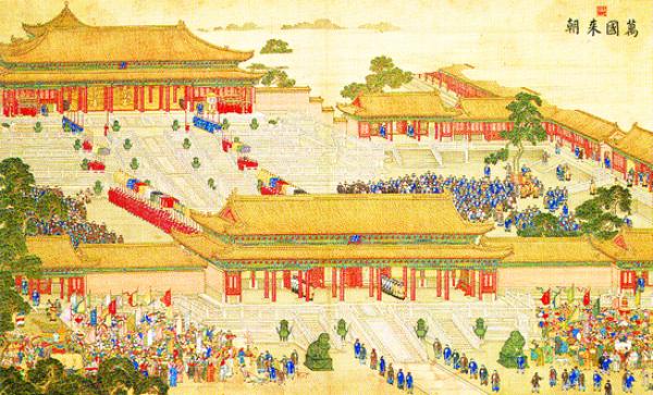 清乾隆《万国来朝图》（局部），前为太和门，后为太和殿。（公有领域）