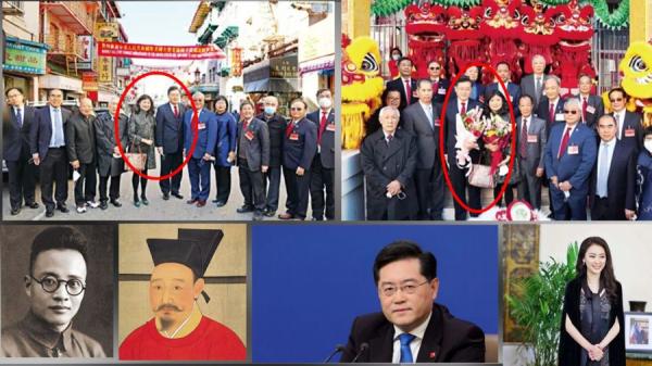 上图为秦刚与夫人2022年3月在旧金山华埠都板街窜访(秦刚发明的词)下图从左至右为:秦邦宪(博古)、秦桧、秦刚、傅晓田(图片来源:网络图片拼图)