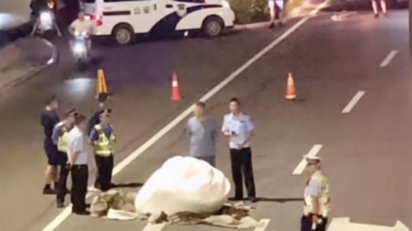 河南洛阳一物体掉落将路面砸出大坑。(图片来源:视频截图)