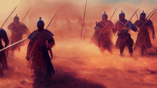 赵匡胤跌落马下,敌军战将乘机围了上来。正在这时,一名骑兵飞驰到他面前。 (图片来源:Adobe Stock)