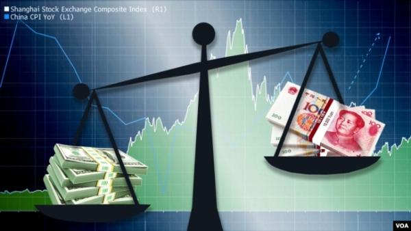 人民币兑换美元汇率不断贬值。(图片来源:美国之音)