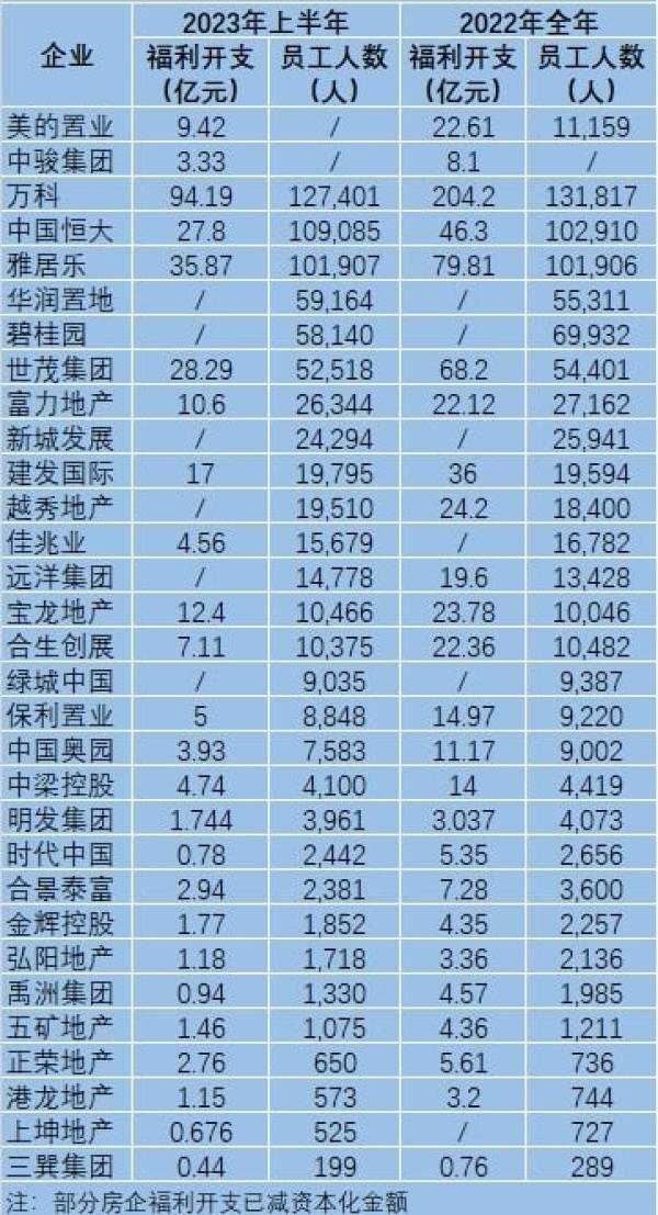 国内31家典型房企福利开支与员工数量。（网络图片）
