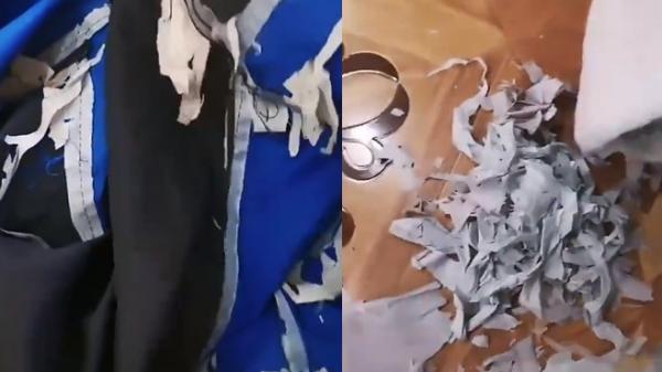 吉林敦化一小学冬季校服塞满大量疑似塑料条或碎布条等废料。(图片来源:视频截图)