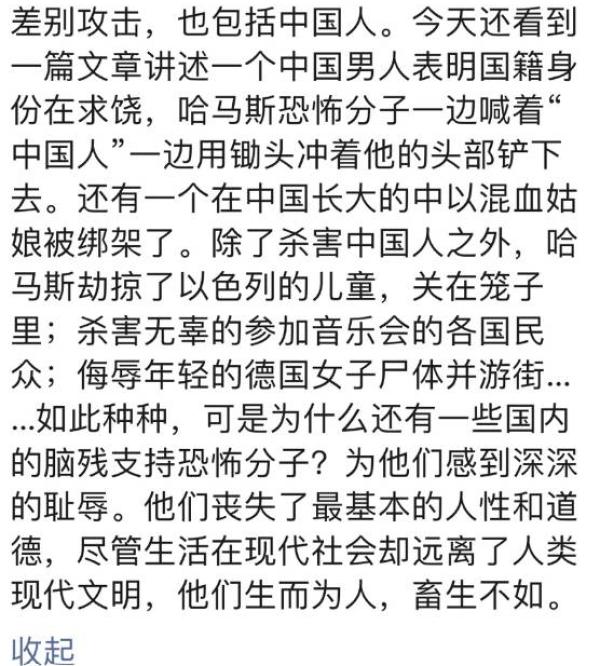 有中国网友留言,“哈玛斯对所有平民进行无差别攻击,也包括中国人。”(图片来源:网络图片)