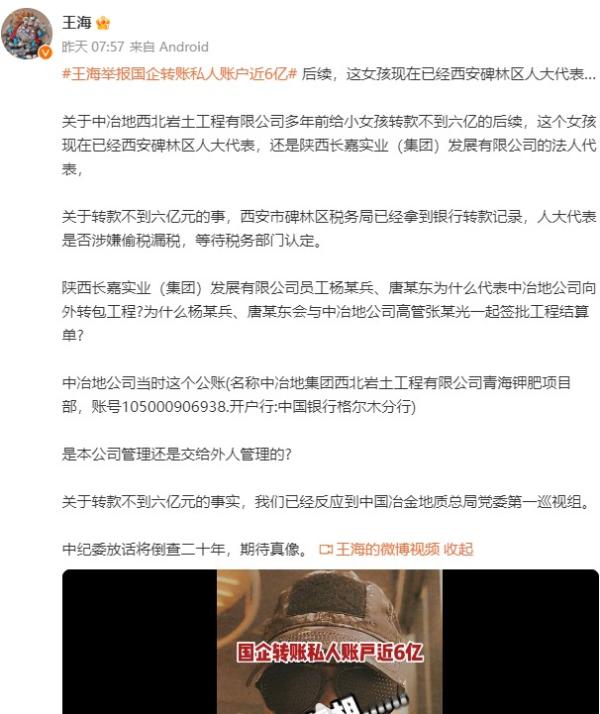 王海称女孩是西安碑林区人大代表和一实业公司法人代表。(图片来源:微博截图)