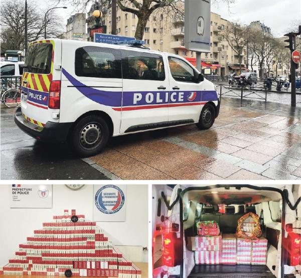 大图:驻守在美丽城街区的BTC警车(摄影:林莲怡/看中国);下图:美丽城BTC警队在本次行动中缴获的走私烟和装有走私烟的货车。(图片由法国警方提供)