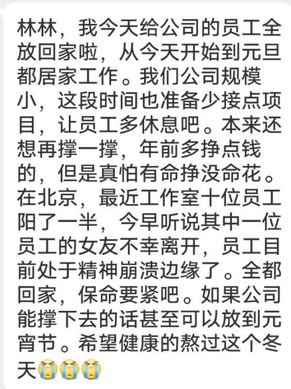北京一公司员工一半 “ 阳 ” ,全部回家 “ 保命 ” 。(图片来源:微博截图)