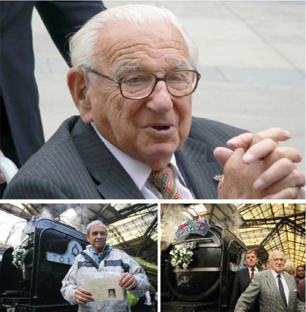 大图:尼古拉斯•温顿(Nicholas Winton,1909年5月19日~2015年7月1日)(Wikipedia/Li-sung/CC BY-SA);左图:当年托马斯•伯曼乘上温顿安排的火车来到伦敦利物浦,2009年他再次搭上这列火车,并与100岁的温顿会面。(Getty Images );右图:尼古拉斯•温顿爵士站在蒸汽火车前,该火车于1939年3月至8月期间将669名儿童送到英国。(Getty Images )。