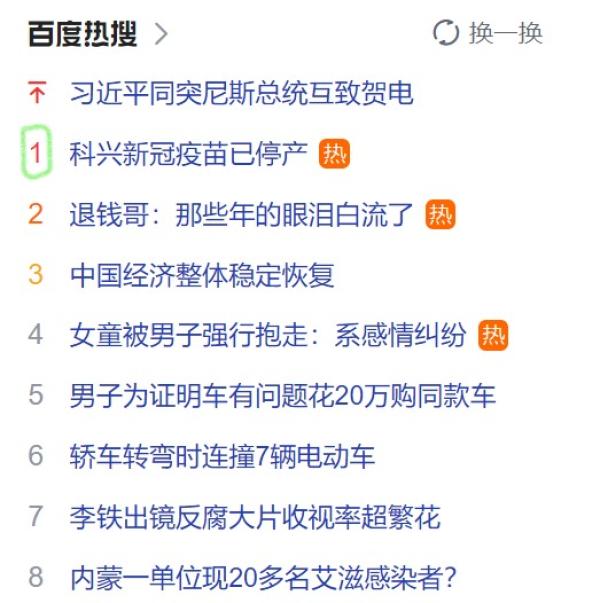 “科兴新冠疫苗已停产”冲上百度热搜第一位。(图片来源:网路截图)