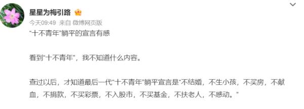 最后一代“十不青年”躺平宣言。（图片来源：网路截图）