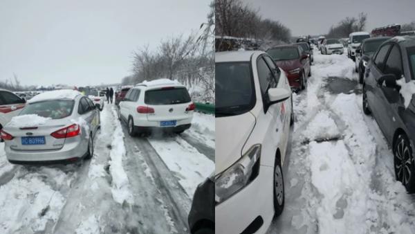 湖北暴雪天气造成堵车。(图片来源:网路截图)