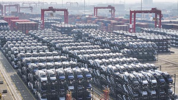 图为中国比亚迪(BYD)电动汽车等待装船。(STR/AFP via Getty Images)