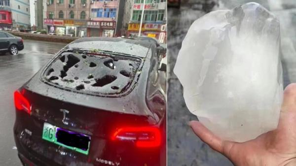 浙江多地突降暴雨夹冰雹,致大量车辆受损,有人受伤。(图片来源:视频截图)