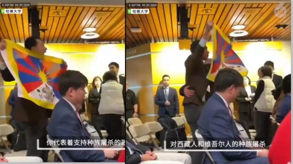 谢峰讲演中抗议的男生手举雪山狮子旗（原为吐蕃军旗，后为西藏独立旗帜）。（图片来源：网络截图）