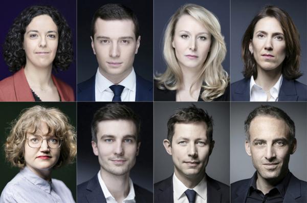 整理于今年4月30日,欧洲议会选举中法国主要候选人照片(从左到右,从上到下): 奥布里(Manon Aubry)(不屈法国,LFI) 巴德拉(Jordan Bardella)(国民联盟,RN) 玛丽昂(Marion Maréchal)(再征服党,Reconquête) 海耶(Valérie Hayer)(复兴党,Renaissance) 图桑(Marie Toussaint)(环保党,Les Écologistes) 德方丹(Léon Deffontaines)(法国共产党,PCF) 贝拉米(François-Xavier Bellamy)(共和党,LR) 格鲁克斯曼(Raphaël Glucksmann)(社会党,PS) 图片来源:JOEL SAGET/AFP via Getty Images