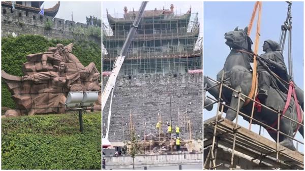 长沙天心阁太平天国雕像被拆前后 (左中图) ;被拆中的李自成雕像 (右图)