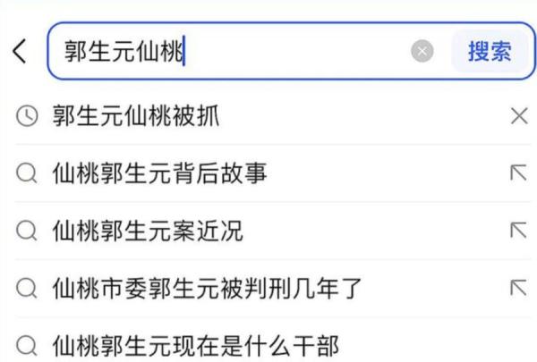 百度检索输入“郭生元”发现,搜索中会自动弹出“郭生元仙桃被抓”、“仙桃郭生元背后故事”等搜索关联词汇。(图片来源:网络图片)