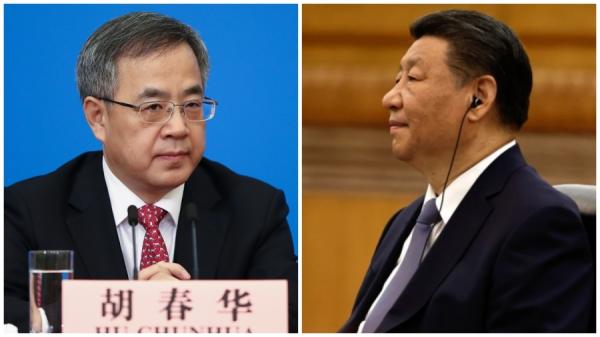 中国政协副主席胡春华(左)与习近平(右)。