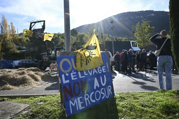 法国农民抗议者和农民工会在法国南部米约市抗议欧盟和南方共同市场签订贸易协定。(LIONEL BONAVENTURE/AFP via Getty Images)