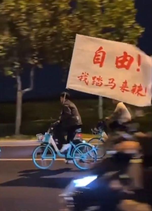 男学生扛着“自由!我踏妈来辣!”旗帜(图片来源:视频截图)