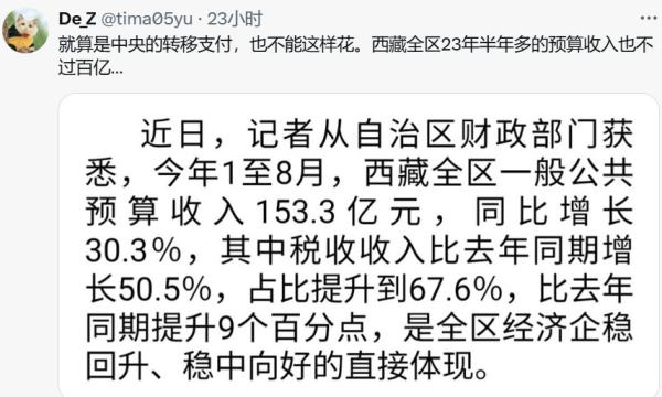 2023年1月-8月西藏一般公共预算收入才153.3亿元。(图片来源:网路截图)