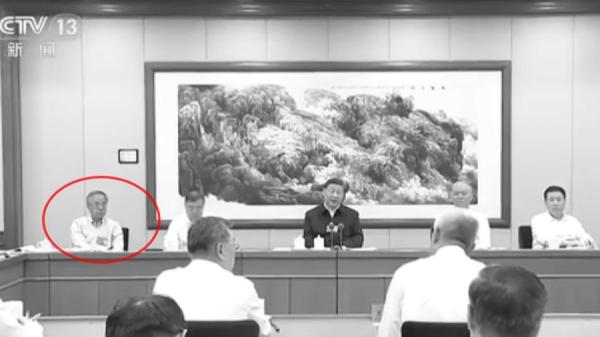 2024年7月,在中共三中全会小组会上,胡春华(左一)和习近平并排而坐。(图片来源:视频截图)