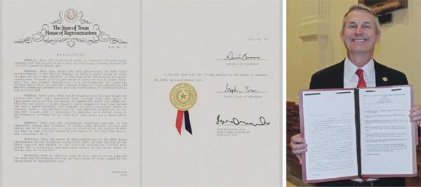 左图: 黄历新年大年初一,美国德州众议院一致通过一项决议案,宣布将2025年1月29日命名为德州“神韵日”。图为决议案文本。右图:德州第130选区众议员、决议案发起人汤姆•奥利弗森(Tom Oliverson),手持决议案。