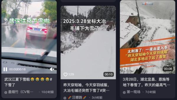 湖北多地罕见春日降雪。(图片来源:抖音截图)
