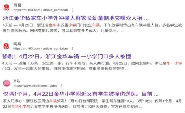 浙江金华小学门前私家车冲撞家长和孩子,多成人、儿童倒地。(图片来源:网路截图)