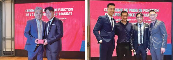 左图:新会长黄纪国(右)从卸任会长叶文(左)手中接过会印;右图:年轻一代会长团,左起:秘书陈欧吏、财务陈鼎元、会长黄纪国、副会长黄纪威。(摄影:林莲怡/看中国)