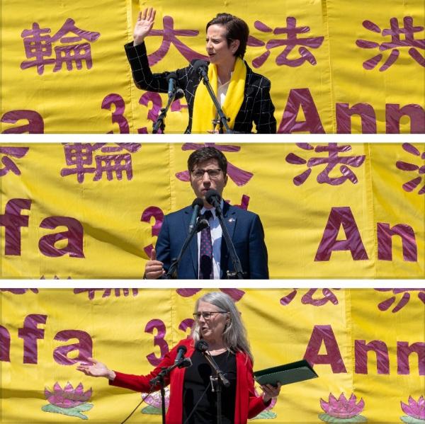 保守党副党魁梅丽莎·兰茨曼(Melissa Lantsman)(上)、保守党议员加内特·吉尼斯(Garnett Genuis)(中)以及保守党议员卡泰·瓦甘塔尔(Cathay Wagantall)(下)亲临庆祝活动现场,表达支持法轮大法。(看中国特约摄影Evan摄)