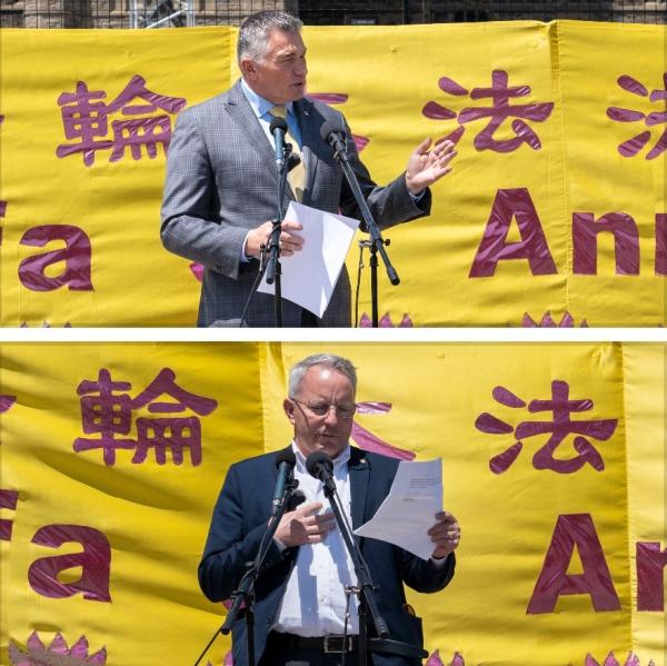 保守党议员詹姆斯·贝赞(James Bezan)(上)和加蒂诺市议员迈克·杜根(Mike Duggan)发言支持法轮功团体。(看中国特约摄影Evan摄)