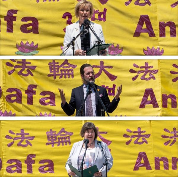 自由党议员、“法轮功议会之友”联合主席朱迪·斯格若(Judy Sgro)(上)、保守党议员斯科特·里德(Scott Reid)(中)以及自由党议员安妮塔·范登贝尔德(Anita Vandenbeld)(下)到场发言支持。(看中国特约摄影Evan摄)