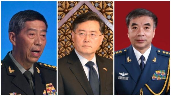 前国防部长李尚福(左)、前外交部长秦刚和退役上将刘亚洲(右)。(图片来源:看中国合成图)