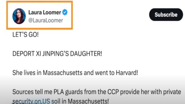 美国保守派记者劳拉.卢默(Laura Loomer)日前在社媒发文呼吁川普总统驱逐习近平女儿习明泽。(视频截图)