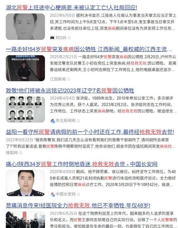 中共警察多则猝死案例。(图片来源:网路截图)