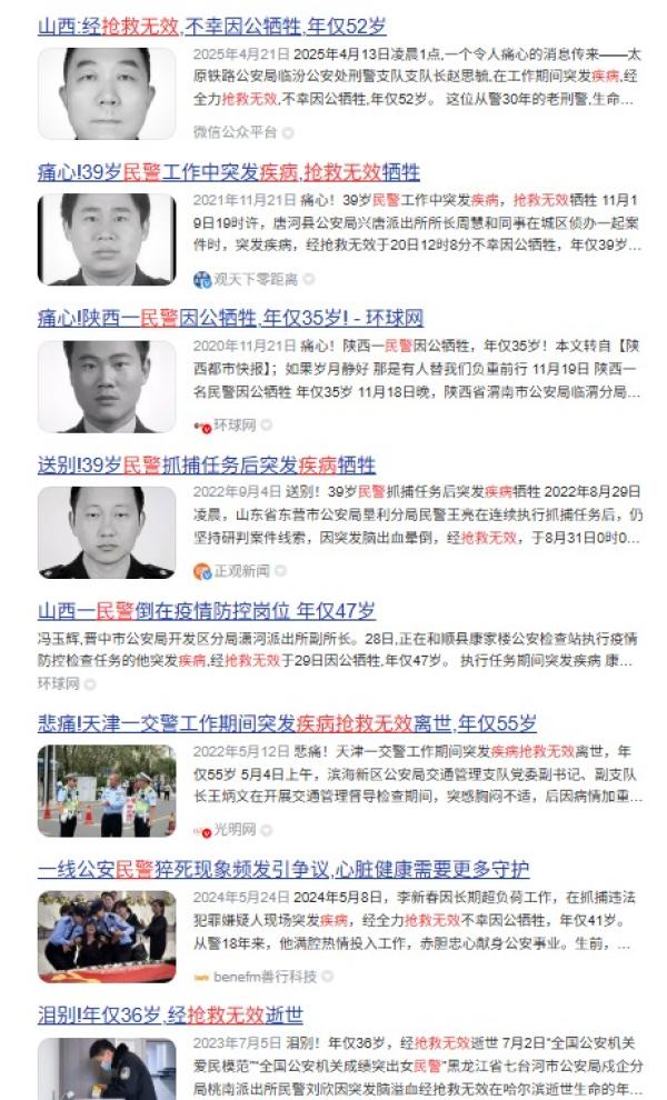 中共警察多则猝死案例。(图片来源:网路截图)
