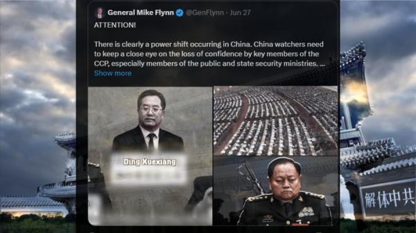 国家安全事务助理迈克尔·托马斯·“麦克”·弗林27日在X上的有关帖文，张又侠背后有杆枪。（图片来源：网络截图）