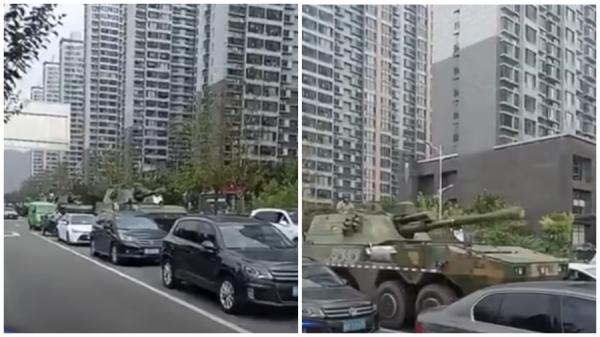 9月12日,唐山市区出现大量坦克。(视频截图)