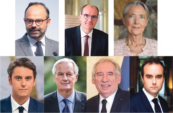马克龙在任期内已任命了七位总理。上排左起:菲利普、卡斯泰、博尔内、阿塔尔、巴尼耶、贝鲁、勒科尔尼(维基百科)