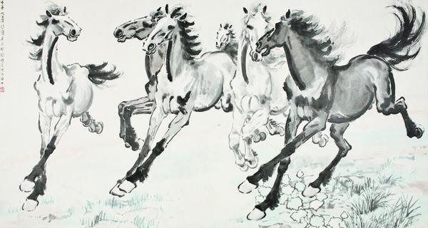 徐悲鸿的画作《奔马图》,马的形象神采奕奕,灵活跃动。(K. Y. CHENG/SOUTH CHINA MORNING POST VIA GETTY IMAGES)
