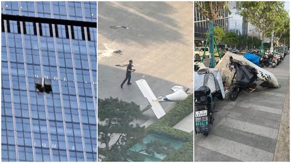 2026年6月26日,一架小飞机撞上北京中信大厦,残骸散落一地。(网络图片)