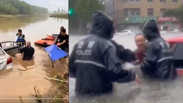 山东 临沂 洪水泡车拉出尸体 警察摆拍(图片来源: 视频截图 X 推特)