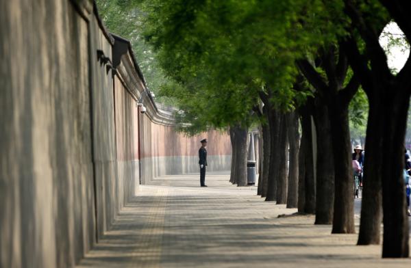 一名军警在中南海大院的红墙旁站岗。（JASON LEE/AFP via Getty Images） 