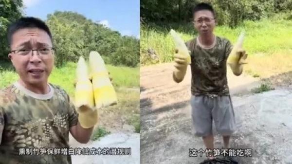 近日,曝光河北甲醛白菜的大陆博主“渔猎齐哥”,再发视频揭露广东硫磺竹笋。(图片来源:视频截图)